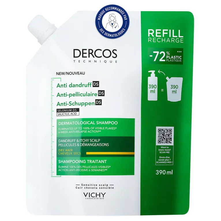 VICHY DERCOS SHAMPOOING TRAITANT CHEVEUX SECS RECHARGE 390ML