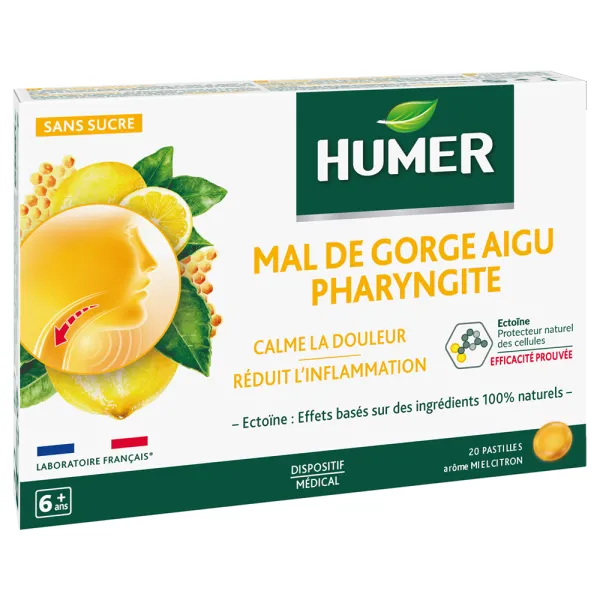 HUMER MAL DE GORGE AIGU 20 PASTILLES MIEL CITRON