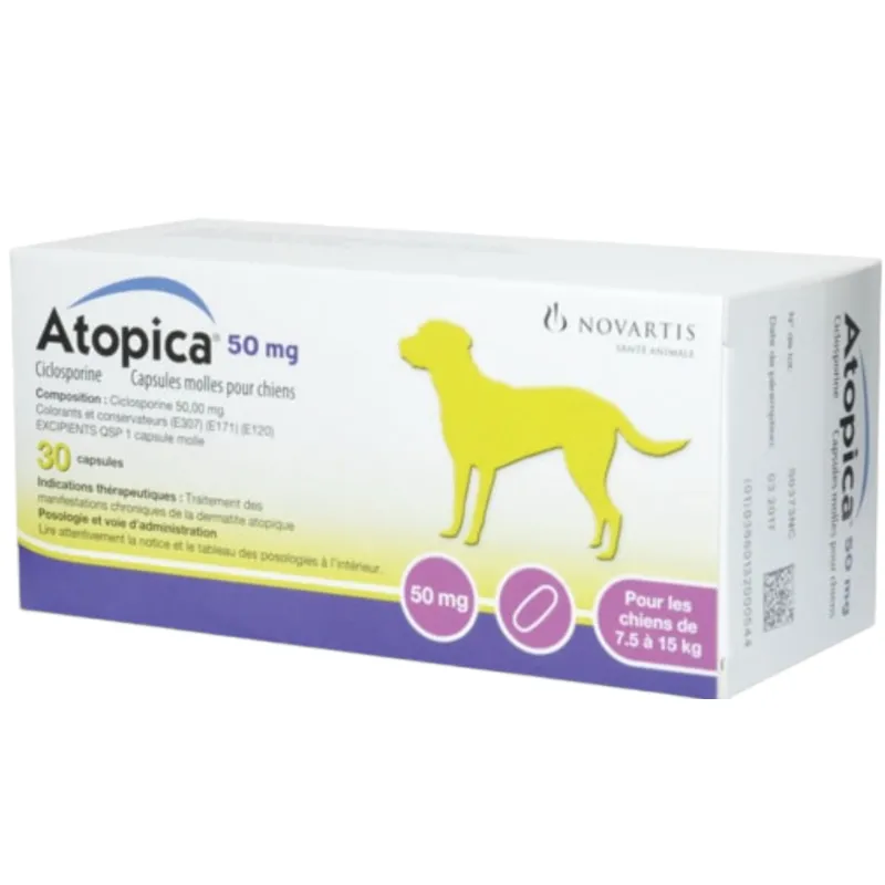Atopica 50mg Chiens (7.5 à 36 kg) Boîte de 30 Capsules