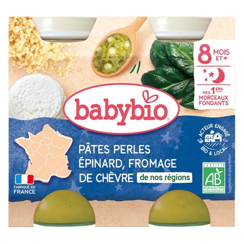 Babybio pâtes perles épinard fromage de chèvre 8mois et+ pots 2x200gr