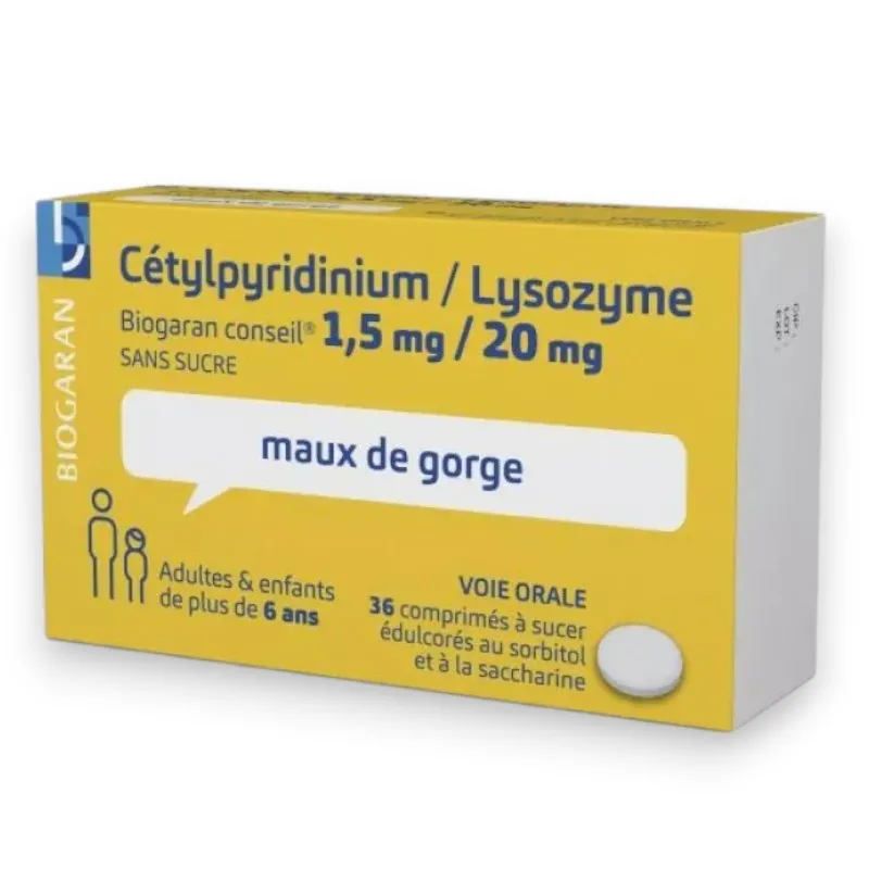 Cetylpyridinium / Lysozyme Biogaran Conseil 1,5 mg/20 mg Sans Sucre 36 Comprimés