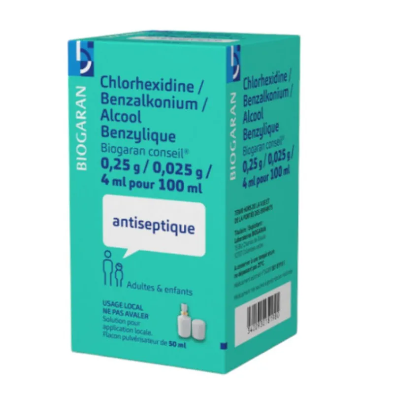 Chlorhexidine / Chlorure de benzalkonium / Alcool benzylique Solution pour application locale Biogaran Conseil 50ml