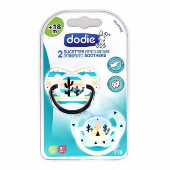 Dodie 2 sucettes physiologiques silicone  +18 mois modèle : cactus - tente indienne
