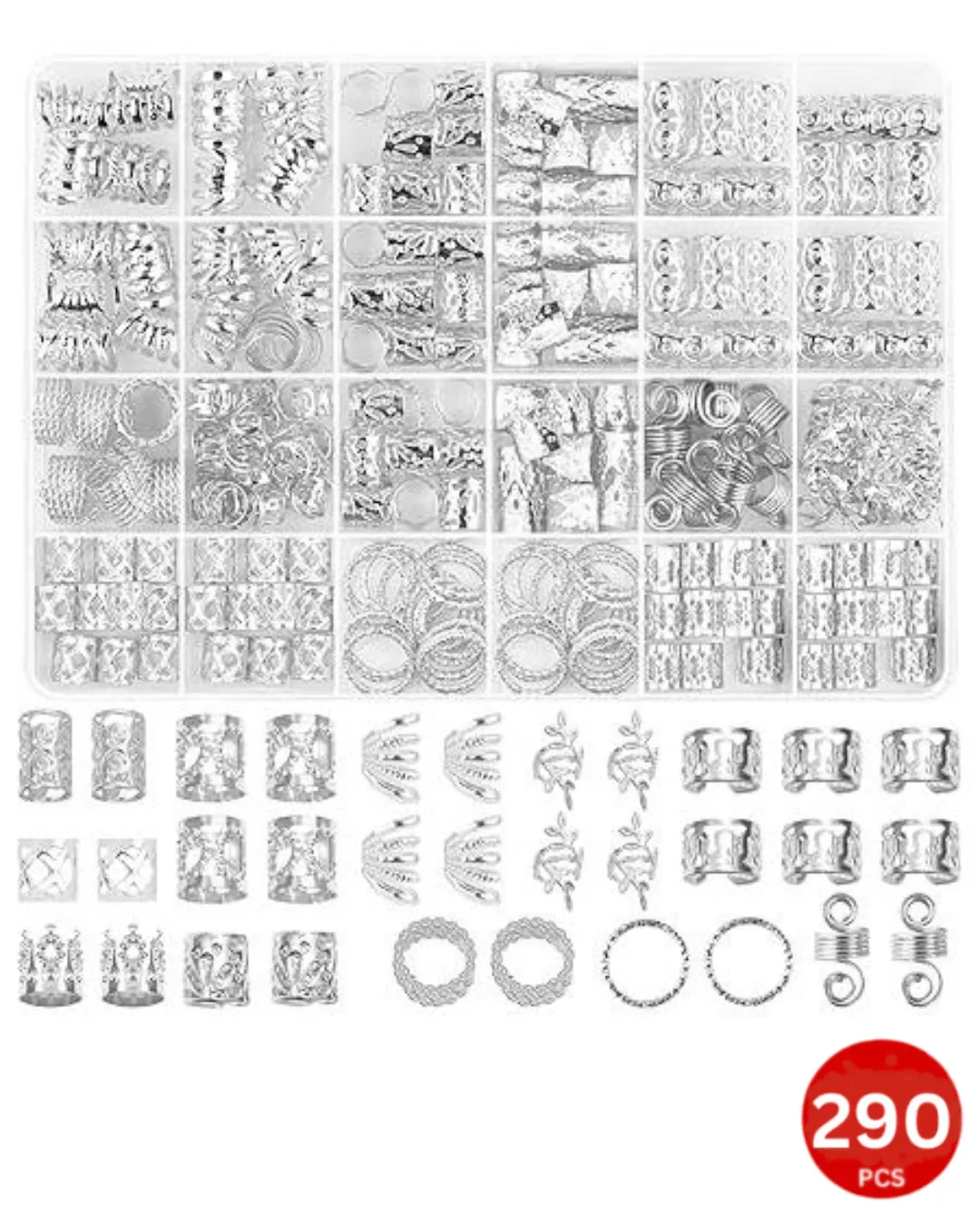 Dreamfix 290Pcs Hair Rings & Bead Jewelry 11 Style Silver