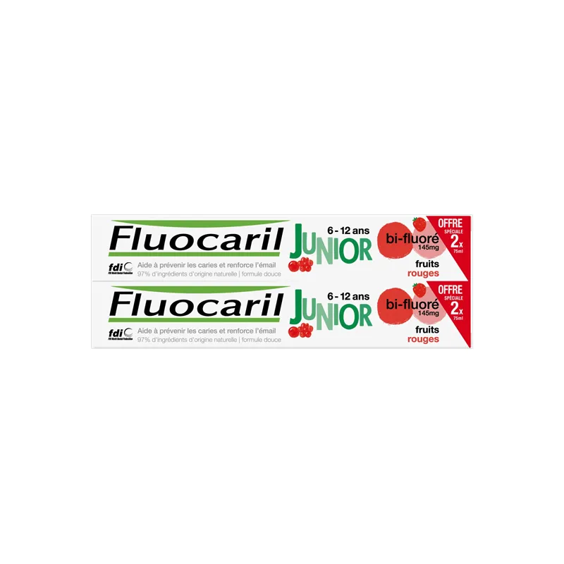 Fluocaril Bi-fluoré 145mg dentifrice Junior fruit rouge lot de 2x75ml
