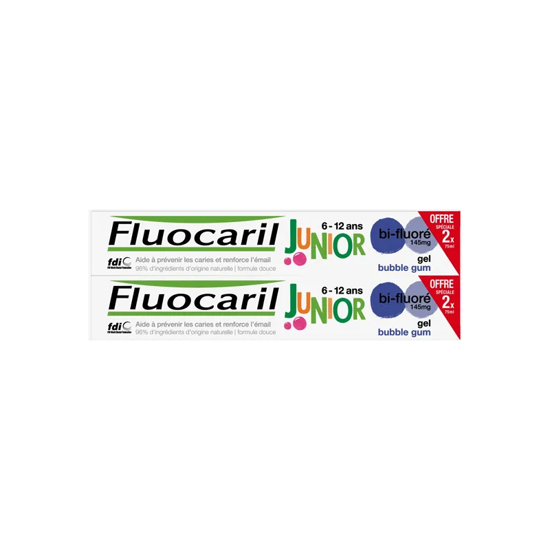 Fluocaril Bi-fluoré 145mg dentifrice Junior gel bubble gum lot de 2x75ml